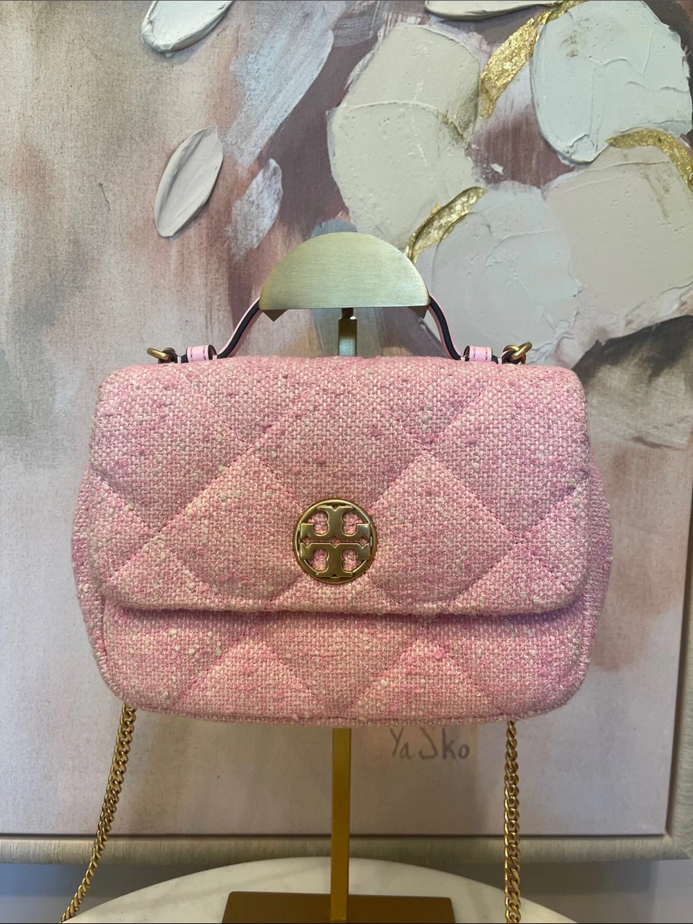 Tory Burch Quilted Tweed Mini Top Handle with Crossbody in Pink